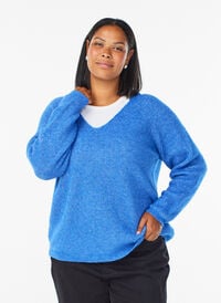 Strikkebluse med V-hals og raglanermer, Blå Strikkebluse med V-hals og raglanermer, Blå, Model