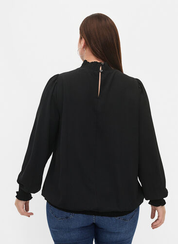 Ensfarget bluse med smokk og lange ermer, Black, Model image number 1