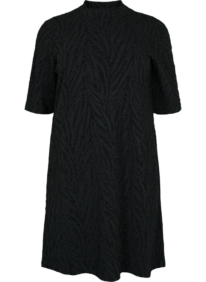 Mønstrete kjole med glitter og korte ermer, Black/Black Lurex, Packshot image number 0