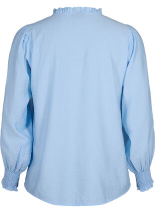 Bluse med volanger og broderi anglaise, Chambray Blue, Packshot image number 1