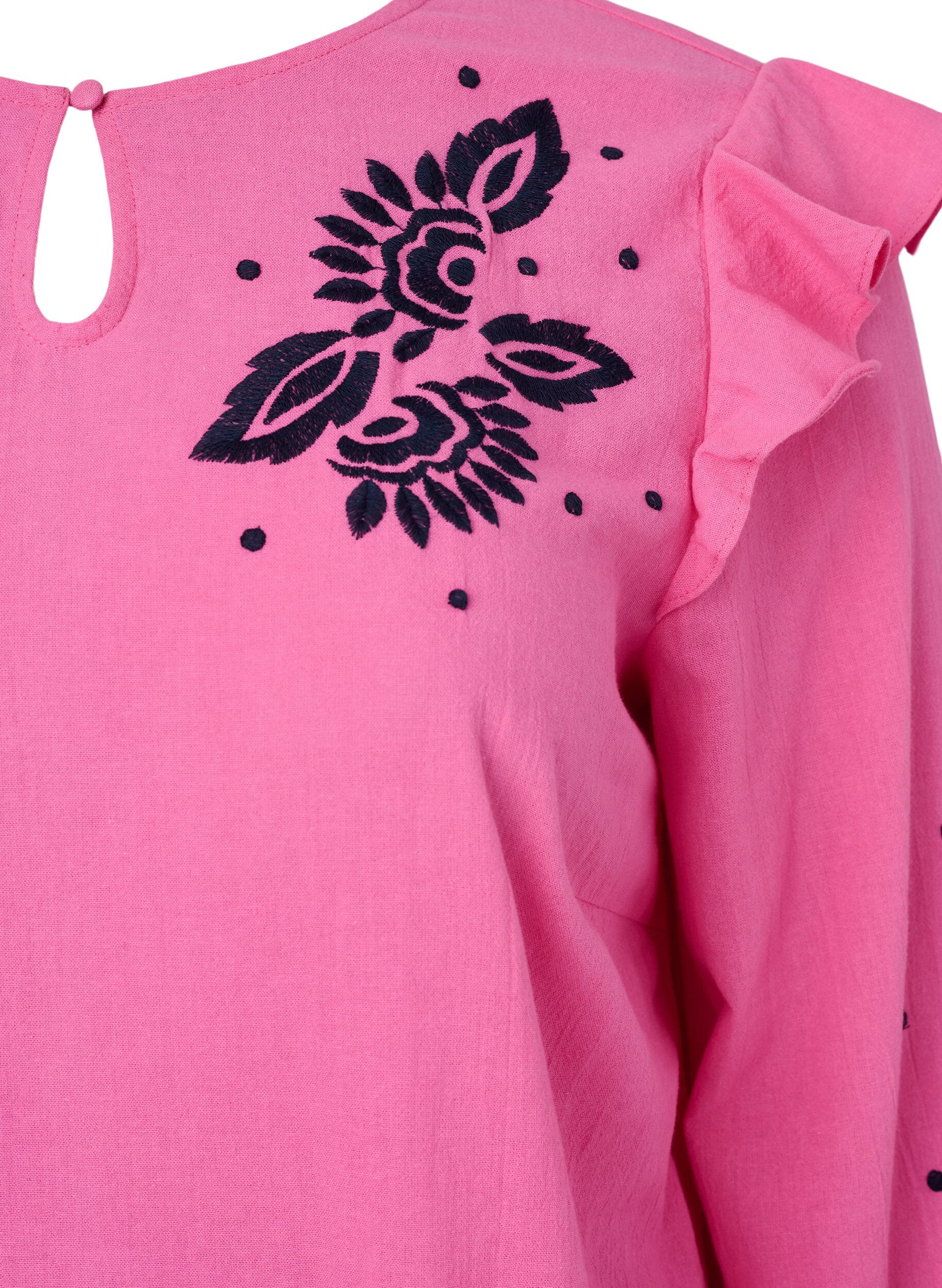 Zizzi Bomullsbluse med broderi og volanger, Rosa, Packshot image number 2