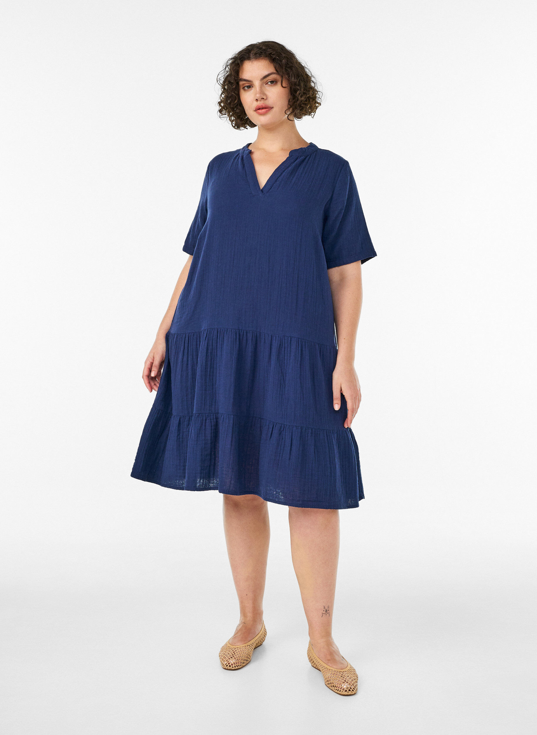ZizziKort A-linjekjole i bomullsmuslin, Bl&aring;, Model image number 1
