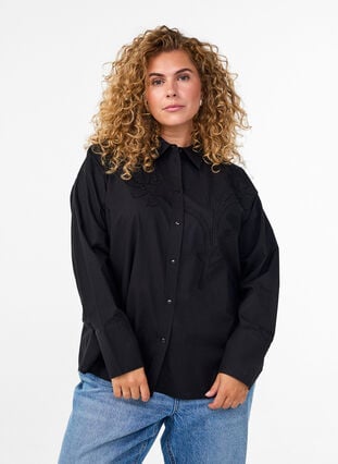 Zizzi Bomullsskjorte med tone-på-tone blomsterbroderi, Black, Model image number 0