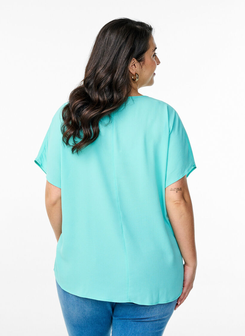 Bluse med korte ermer og rund hals, Bl&aring;, Model image number 2