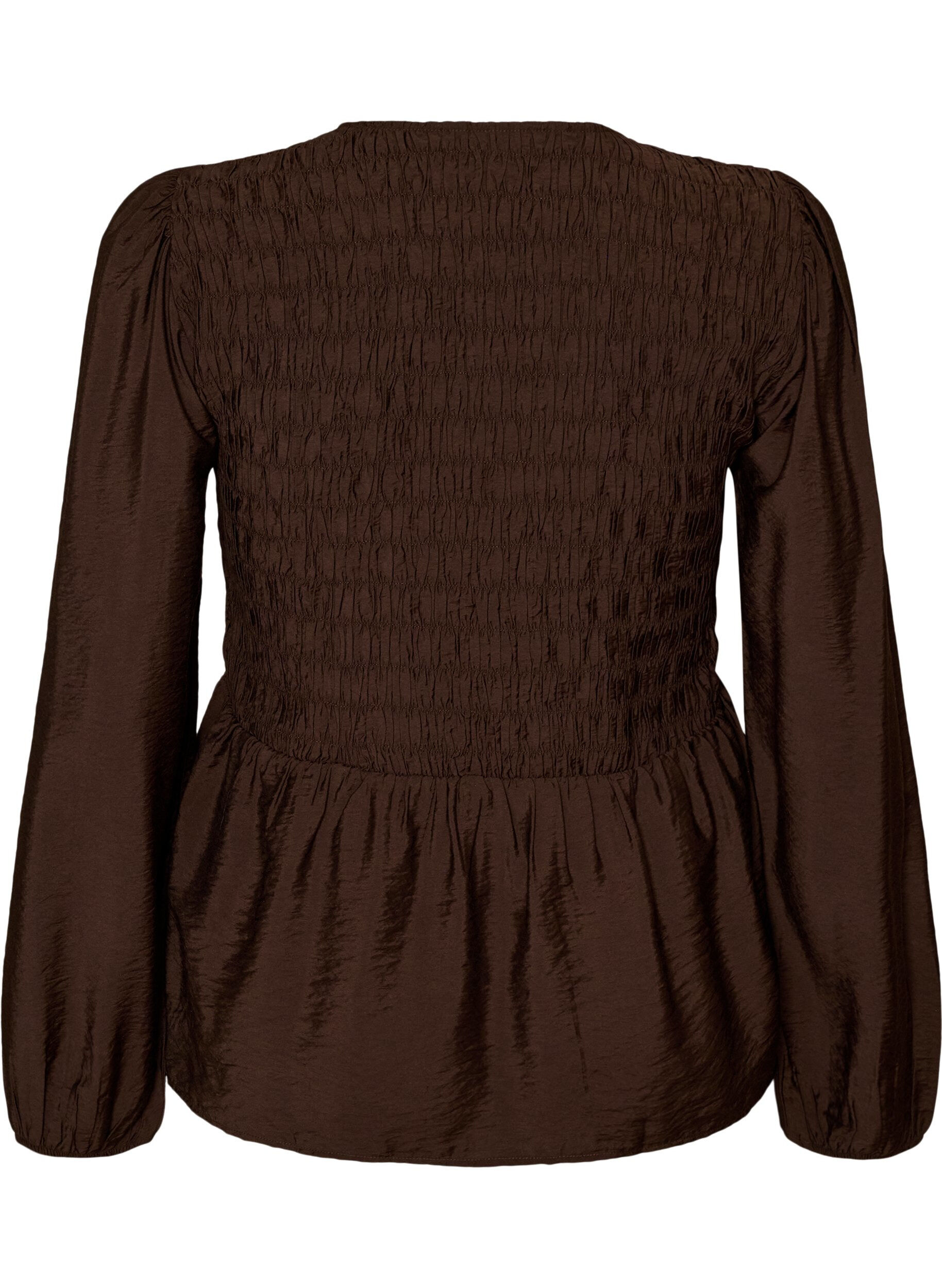 ZizziBluse med smock og lange ermer, Brun, Packshot image number 1