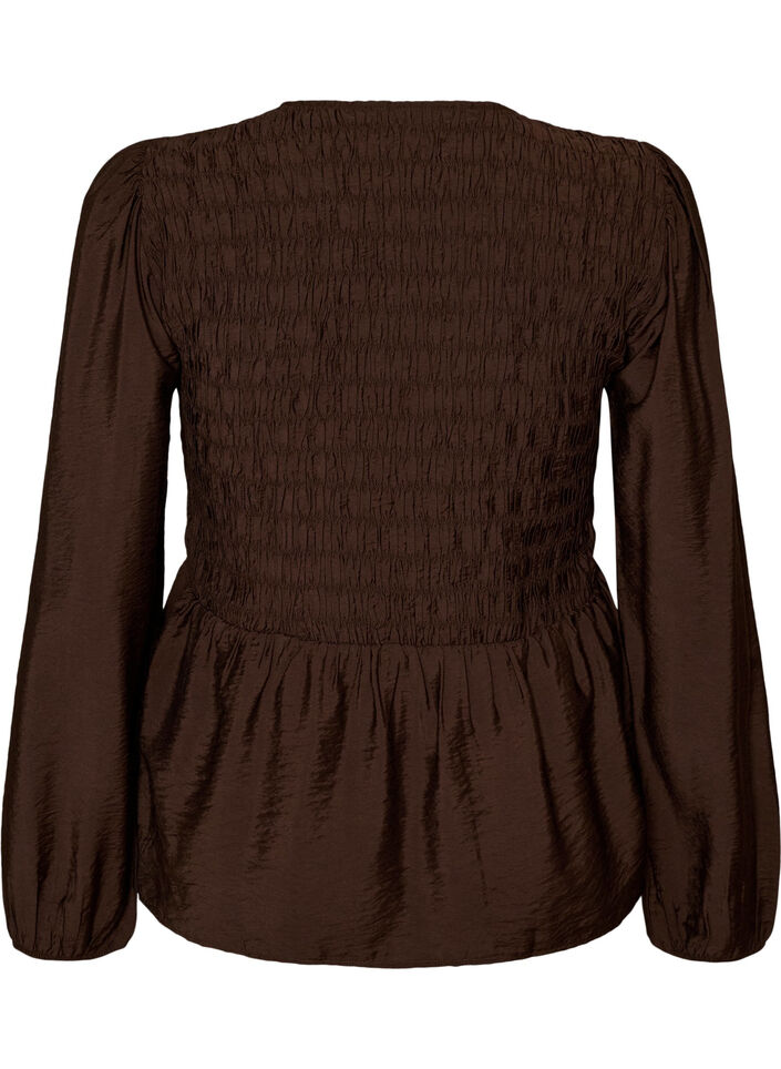 Bluse med smock og lange ermer, Brun, Packshot image number 1