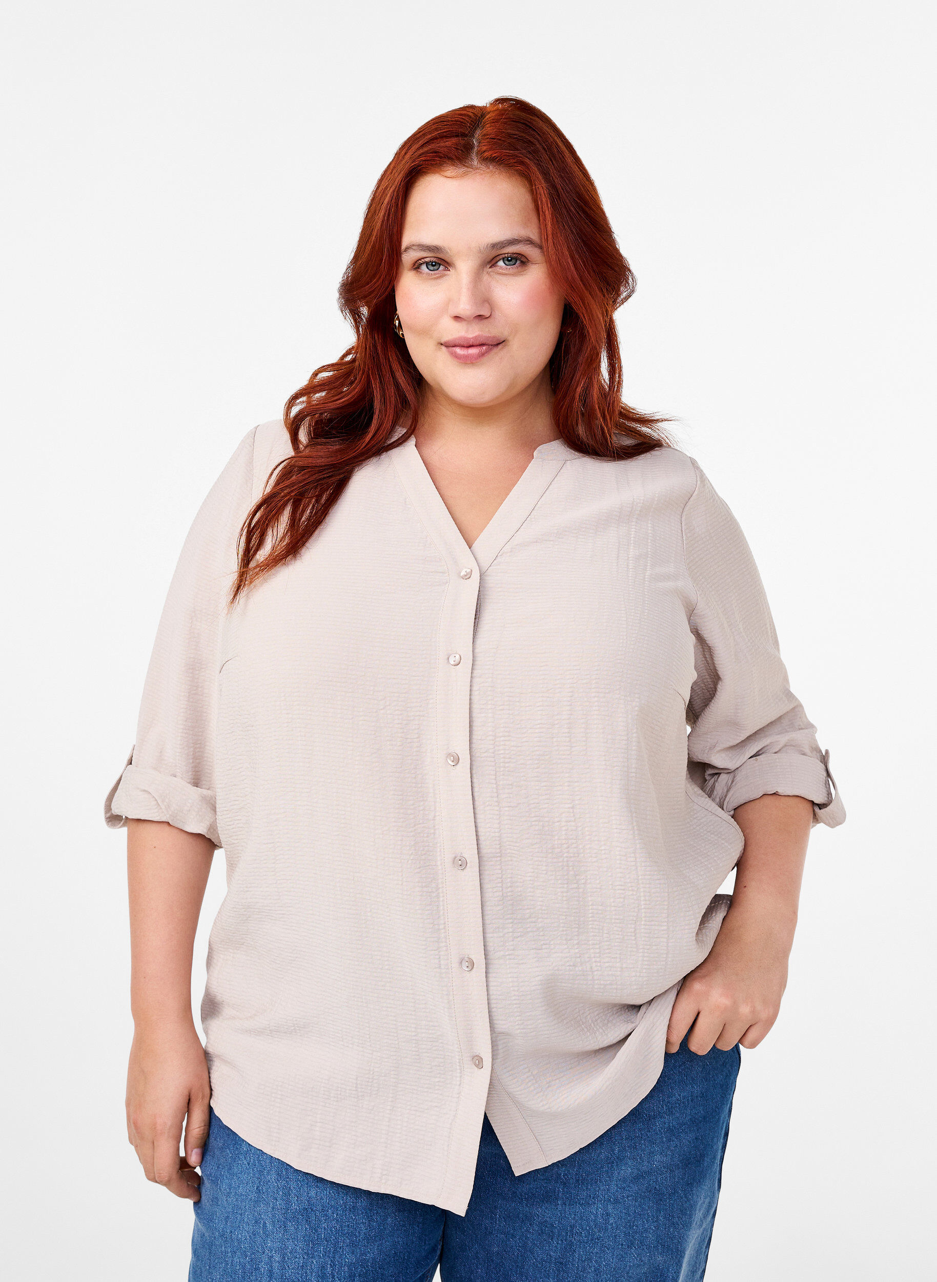 Zizzi Skjortebluse i viskose med 3/4 ermer, Chateau Gray, Model image number 0