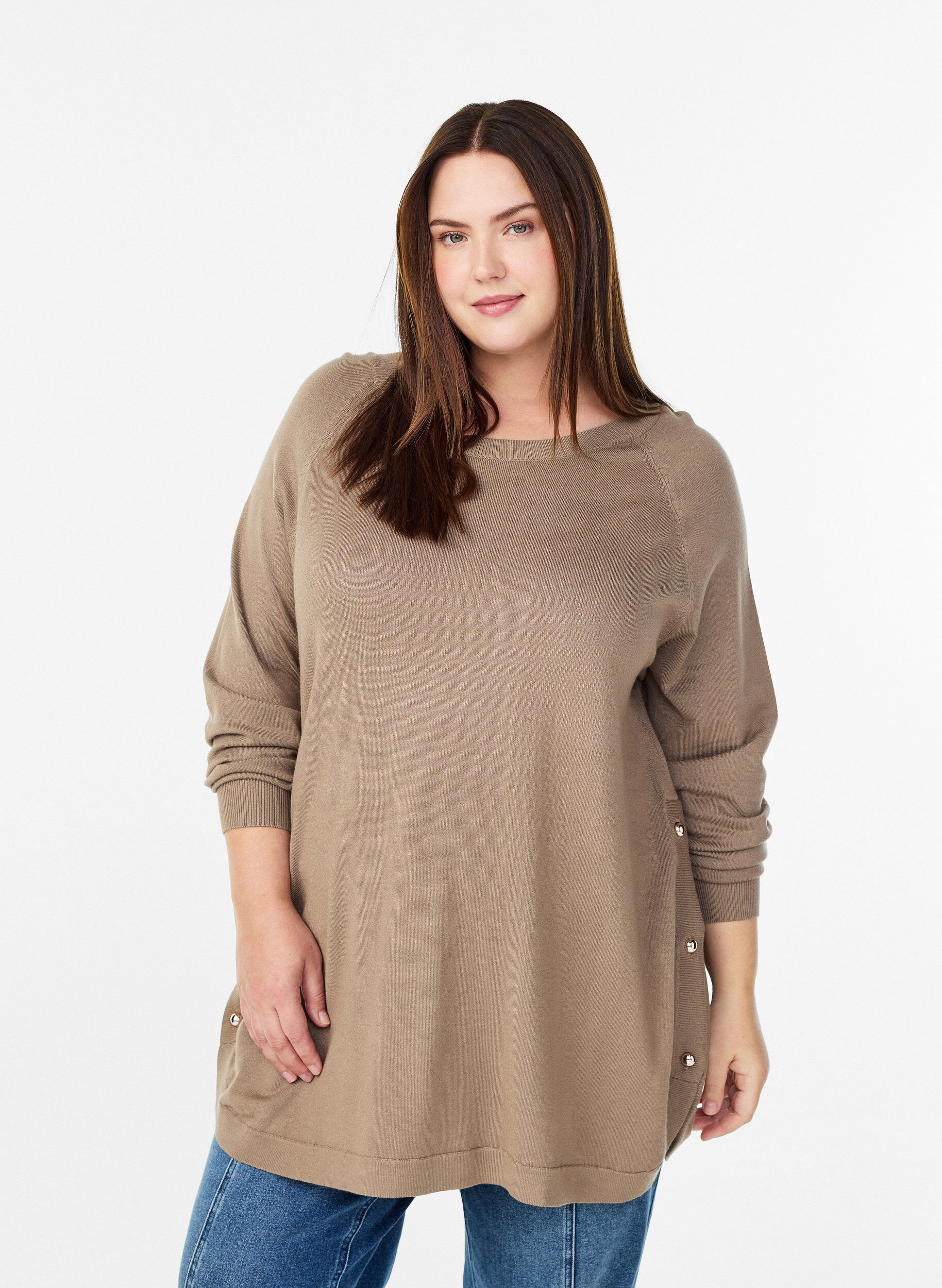 Strikkebluse med knapper i sidene, Beige, Model