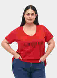 T-skjorte i bomull med trykk og V-hals, Tango Red ORI, Model