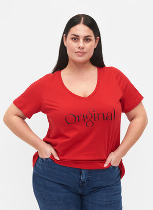 T-skjorte i bomull med trykk og V-hals, Tango Red ORI, Model image number 0