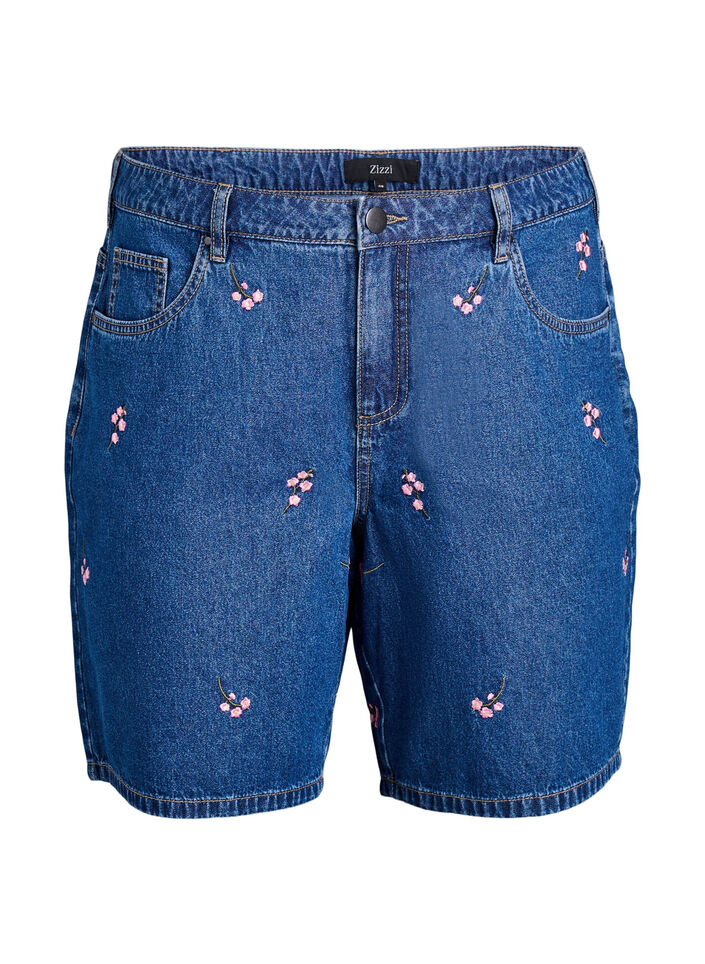 Dongerishorts med broderte blomster, Bl&aring;, Packshot image number 0