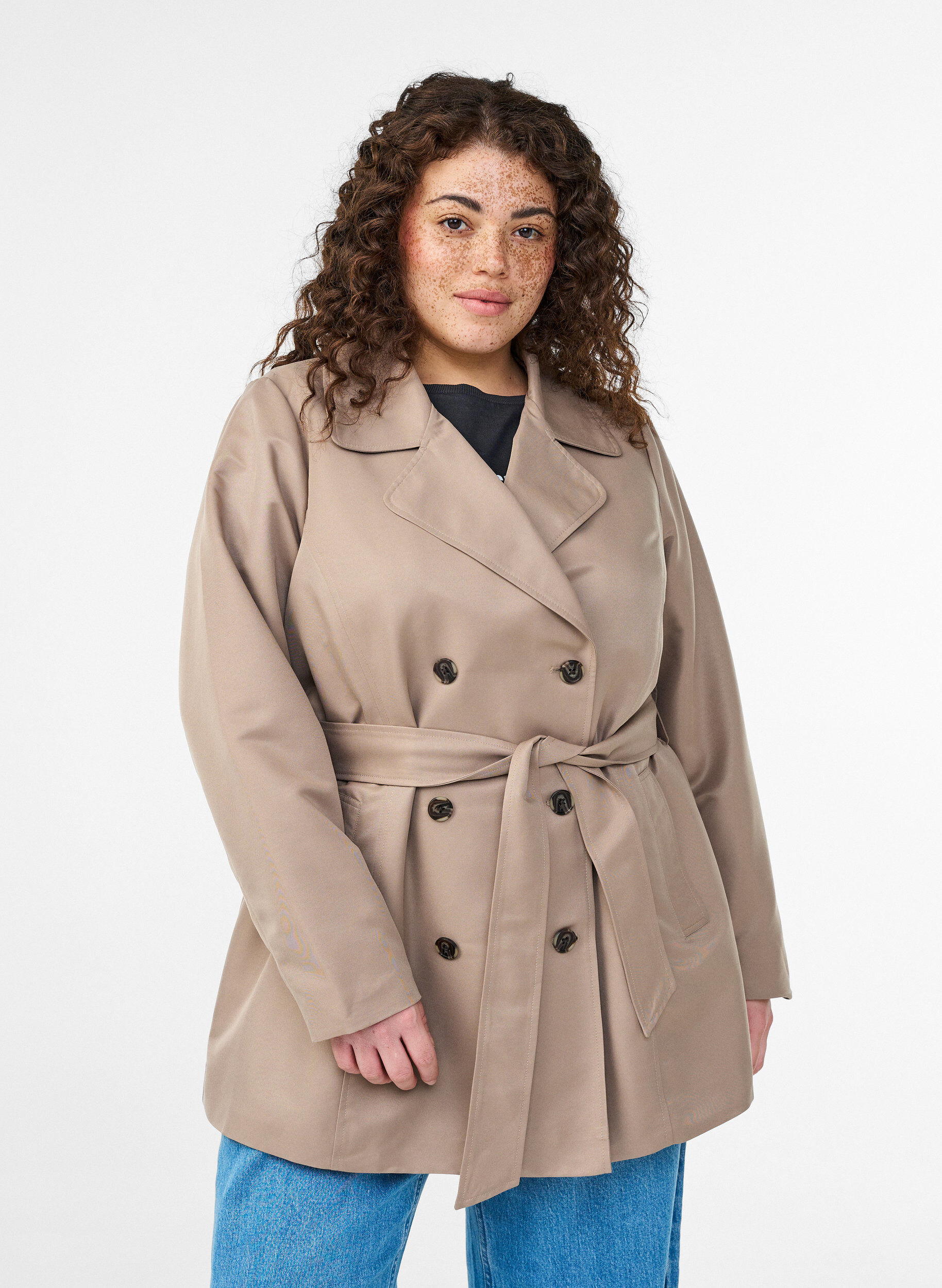 Kort trenchcoat med belte, Gr&aring;, Model