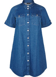 Denimkjole med korte ermer og knapper, Dark Blue Denim