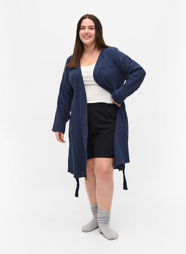 Morgenkåpe i bomull med knyting, Navy Blazer, Model image number 2