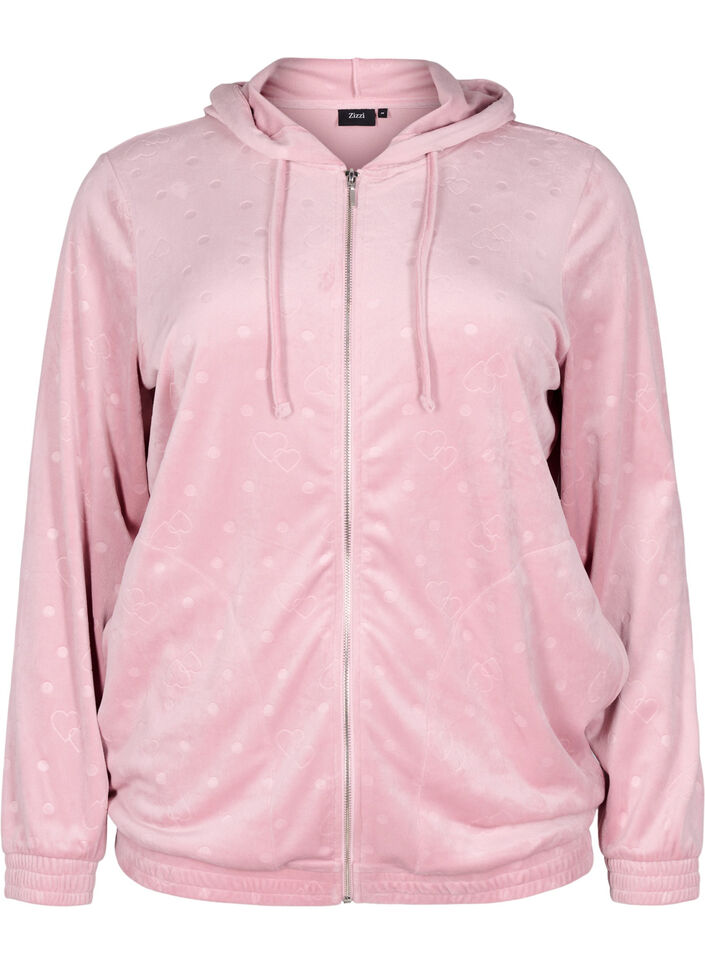 Velour cardigan med hette og lommer, Rosa, Packshot image number 0