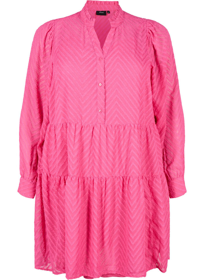 Kort, strukturmønstret kjole med volangkrage, Magenta, Packshot image number 0