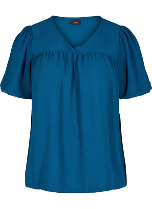 Ensfarget bluse med korte puffermer, Poseidon, Packshot image number 0