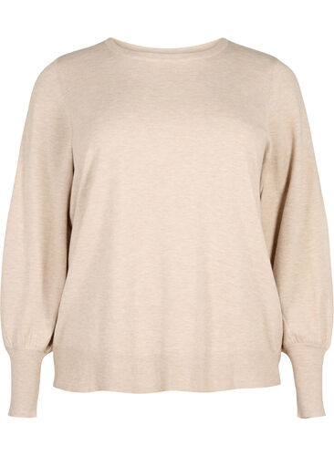 Strikkegenser med viskose og ballongermer, Simply Taupe Mel., Packshot image number 0