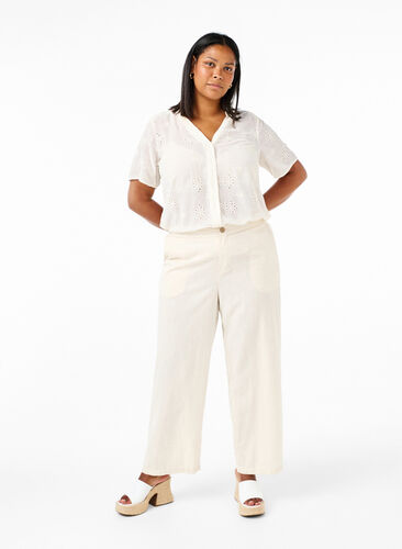 Bukser med høy midje i bomull og lin, Whitecap Gray, Model image number 0
