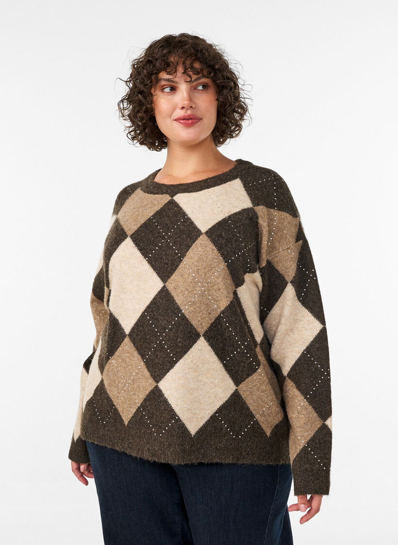 Strikket topp med argyle m&oslash;nster og rhinesteiner, Brun, Model image number 0