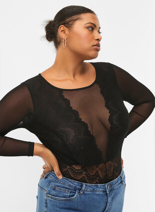Zizzi Bodystocking med blondekant og mesh, Black, Model image number 2