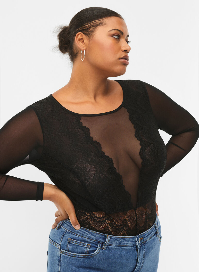 Bodystocking med blondekant og mesh, Black, Model image number 2