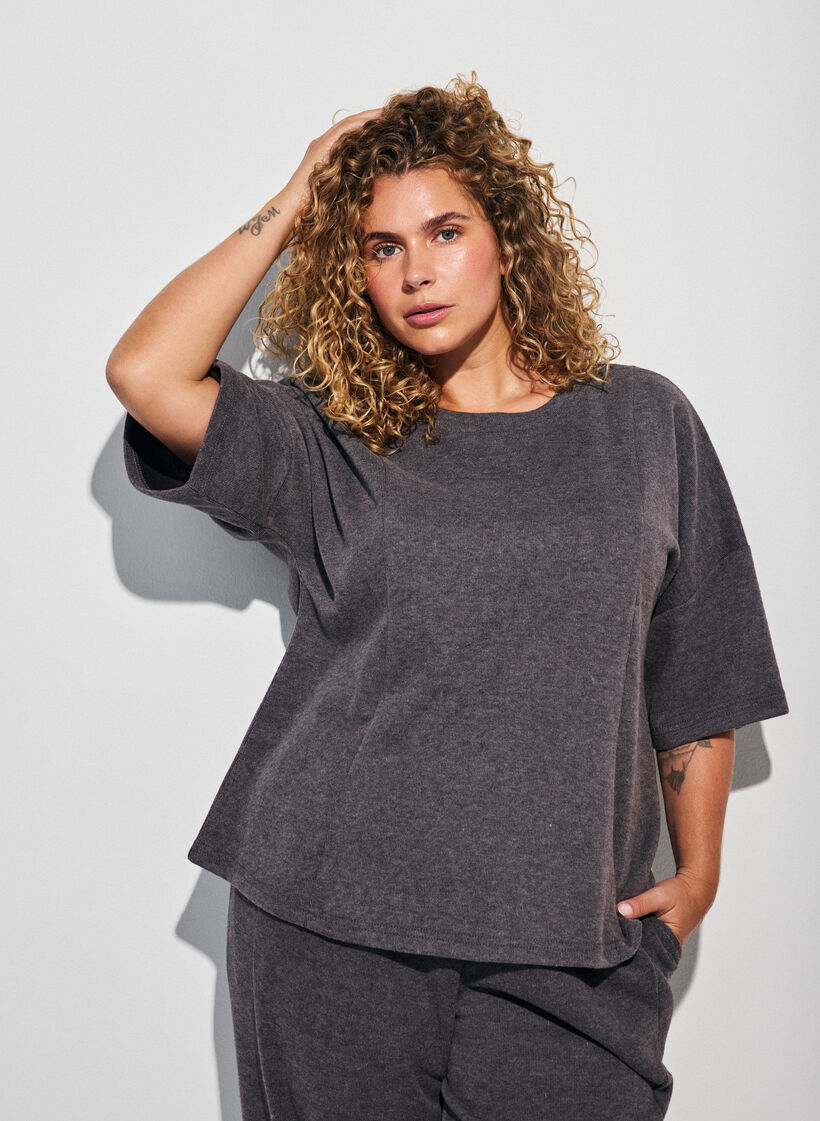 A-line jerseybluse med albuelange ermer, Gr&aring;, Model image number 0