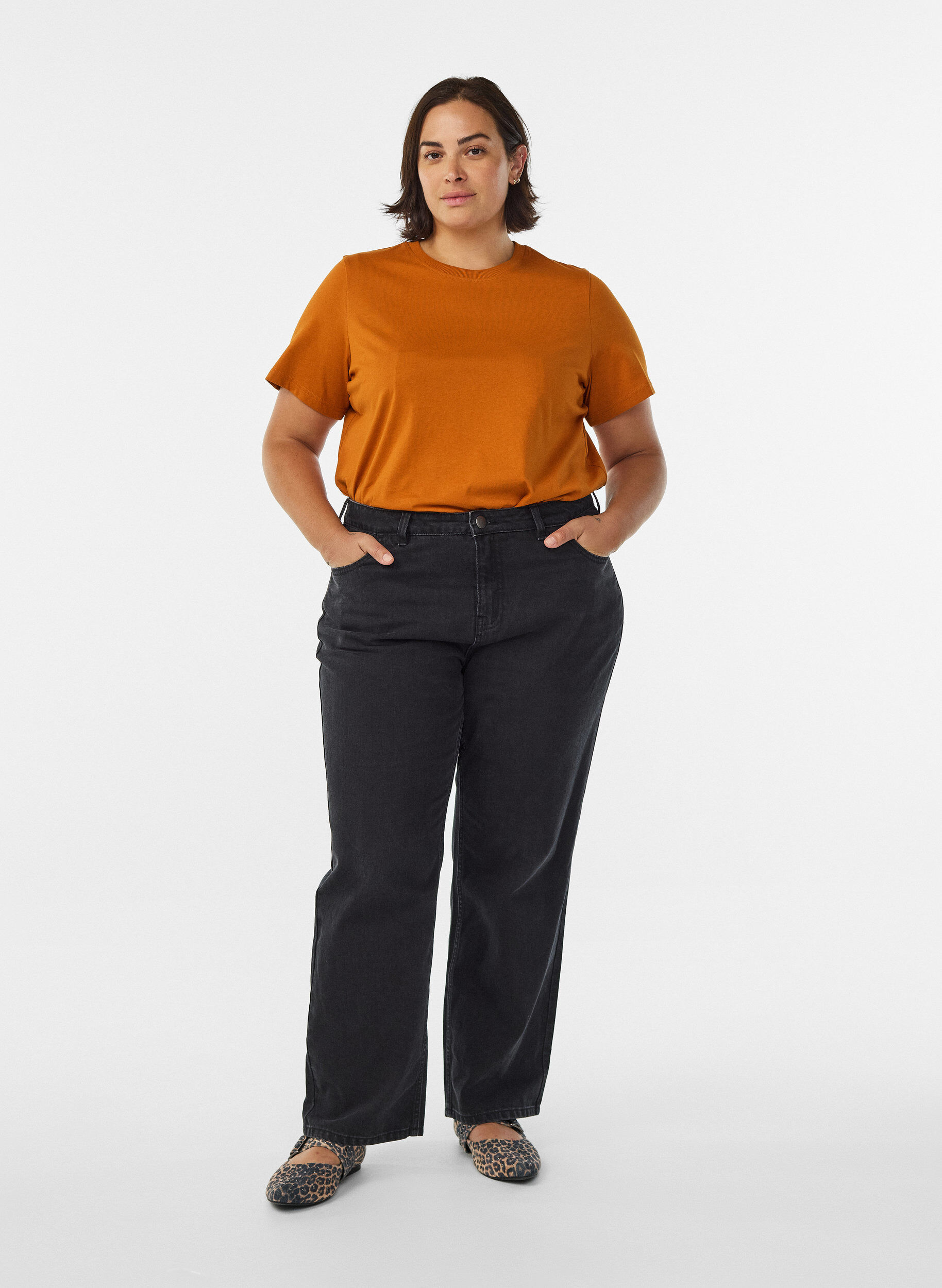 ZizziBasic T-skjorte i bomull med rund hals, Orange, Model image number 1