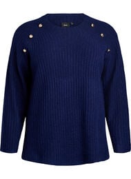 Ribbestrikket genser med dekorative knapper, Medieval Blue Mel.