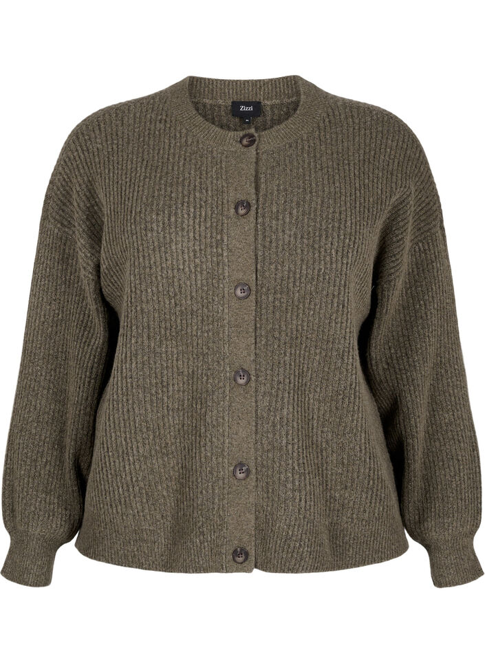 Ribbestrikket cardigan med knapper, Gr&oslash;nn, Packshot image number 0