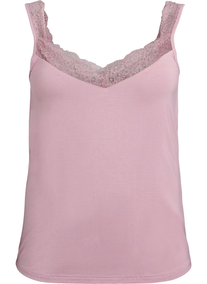 Viscose-topp med blondedetaljer, Rosa, Packshot image number 0