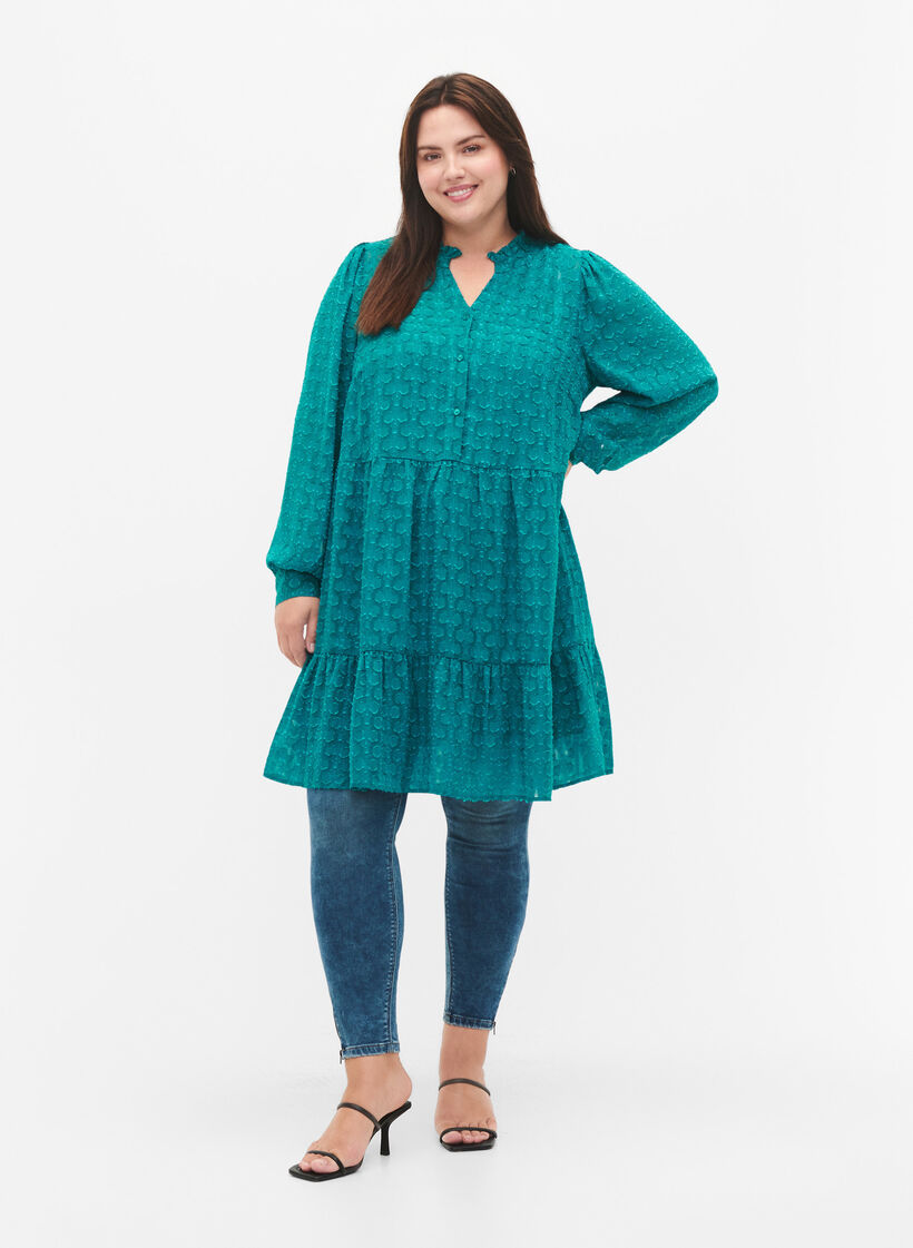 Jacquard kjole med volangkrage, Deep Lake, Model image number 2