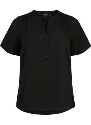 Bluse med korte ermer og V-hals, Black, Packshot image number 0
