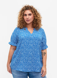 Kortermet bluse med print, Blue Ditsy, Model