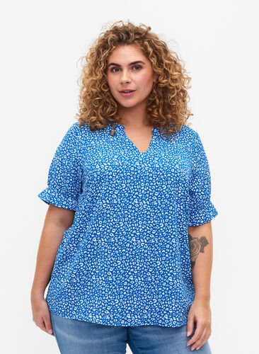 Kortærmet bluse med trykk (GRS), Blue Ditsy, Model image number 0
