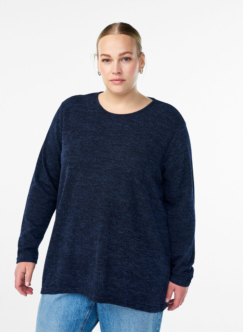 Langermet bluse med tekstur, Blå, Model image number 0