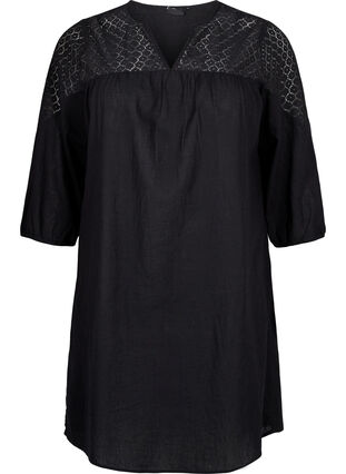 Kjole i bomullsblanding med lin og heklede detaljer, Black, Packshot image number 0