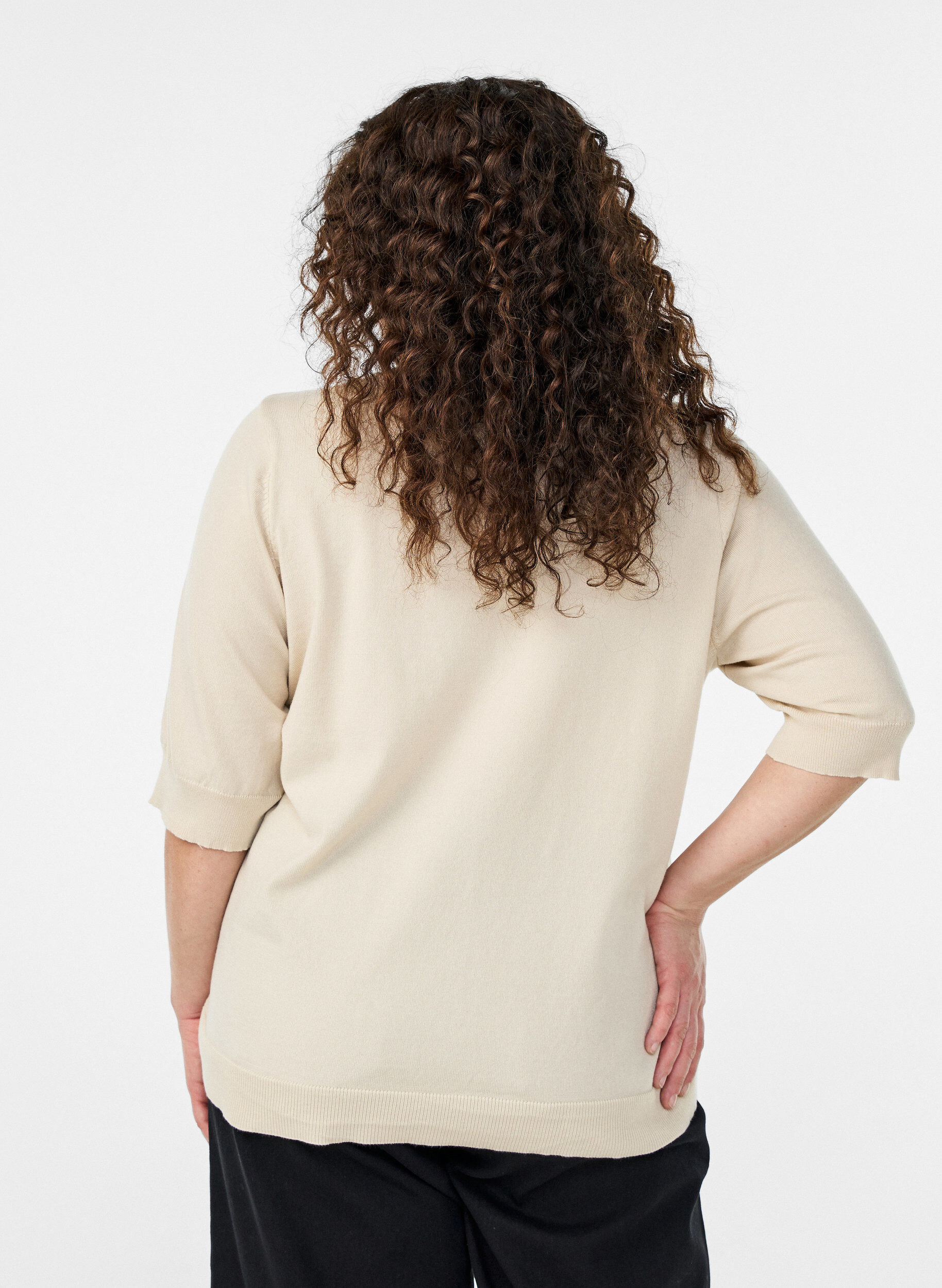 Zizzi FLASH - Finstrikket bluse med korte ermer, Beige, Model image number 2
