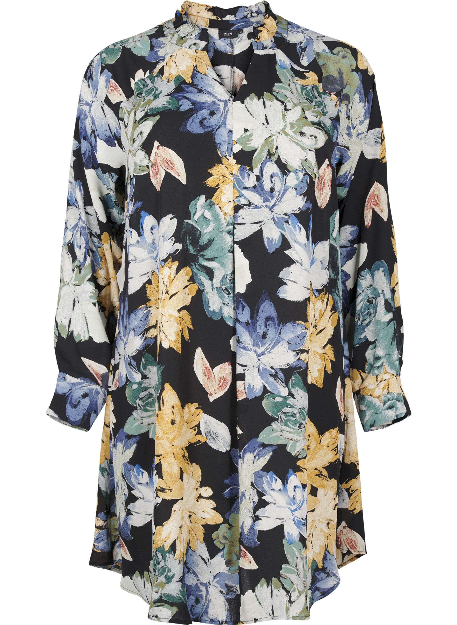 Zizzi Langermet kjole med blomstertrykk, Yellow Flower AOP, Packshot image number 0