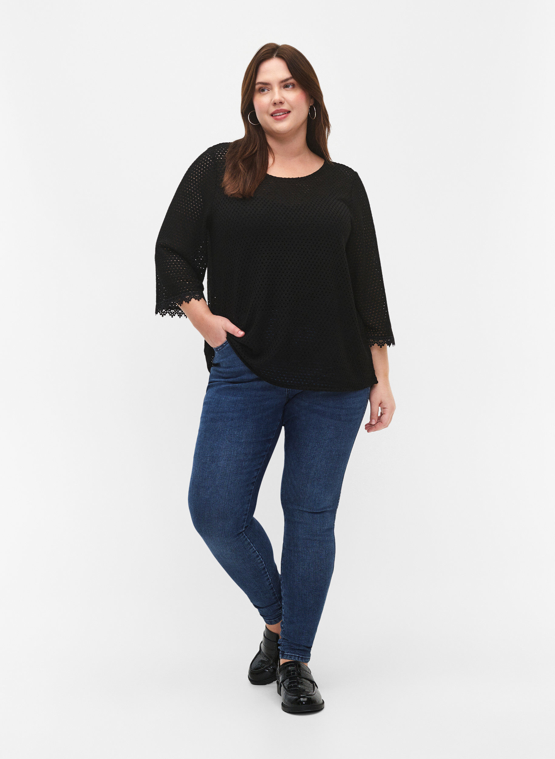 Zizzi Strikket topp med 3/4 ermer, Black, Model image number 2
