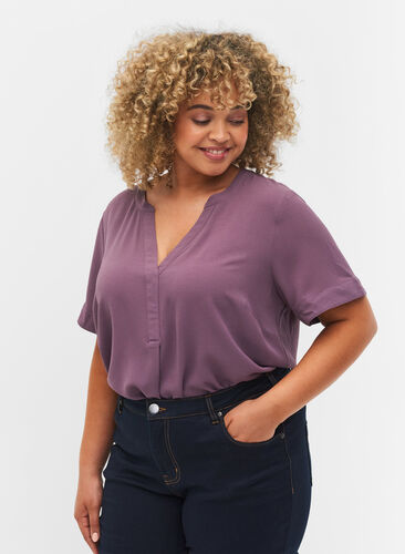 Kortermet bluse med V-hals, Vintage Violet, Model image number 0