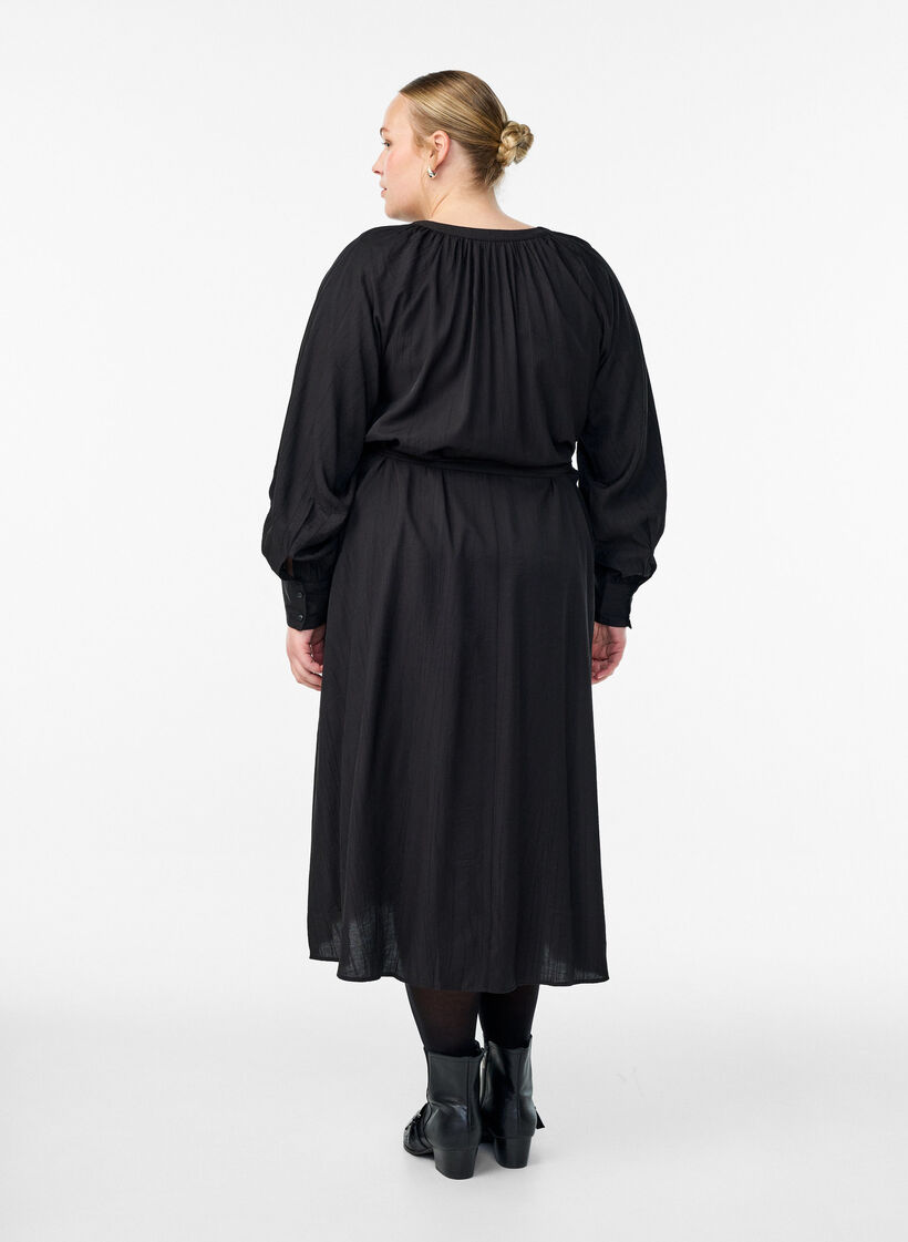 Midikjole med knappelukking og knytebelte, Svart, Model image number 1