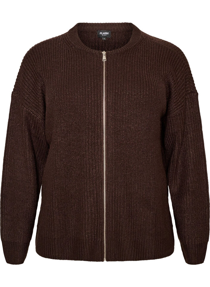 Strikket cardigan med glidel&aring;s, Brun, Packshot image number 0