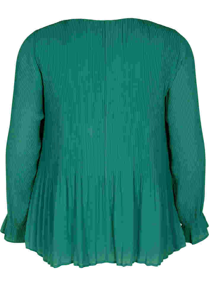 Bluse i plissé med V-hals, Evergreen, Packshot image number 1