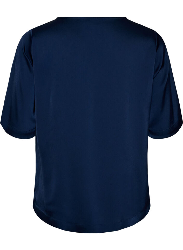 Satengbluse med albuelange ermer, Bl&aring;, Packshot image number 1