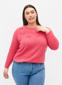Strikkegenser med blomsterdetaljer, Hot Pink, Model
