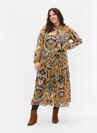 Mønstrete midikjole med knapper, Yellow Aztec AOP, Model
