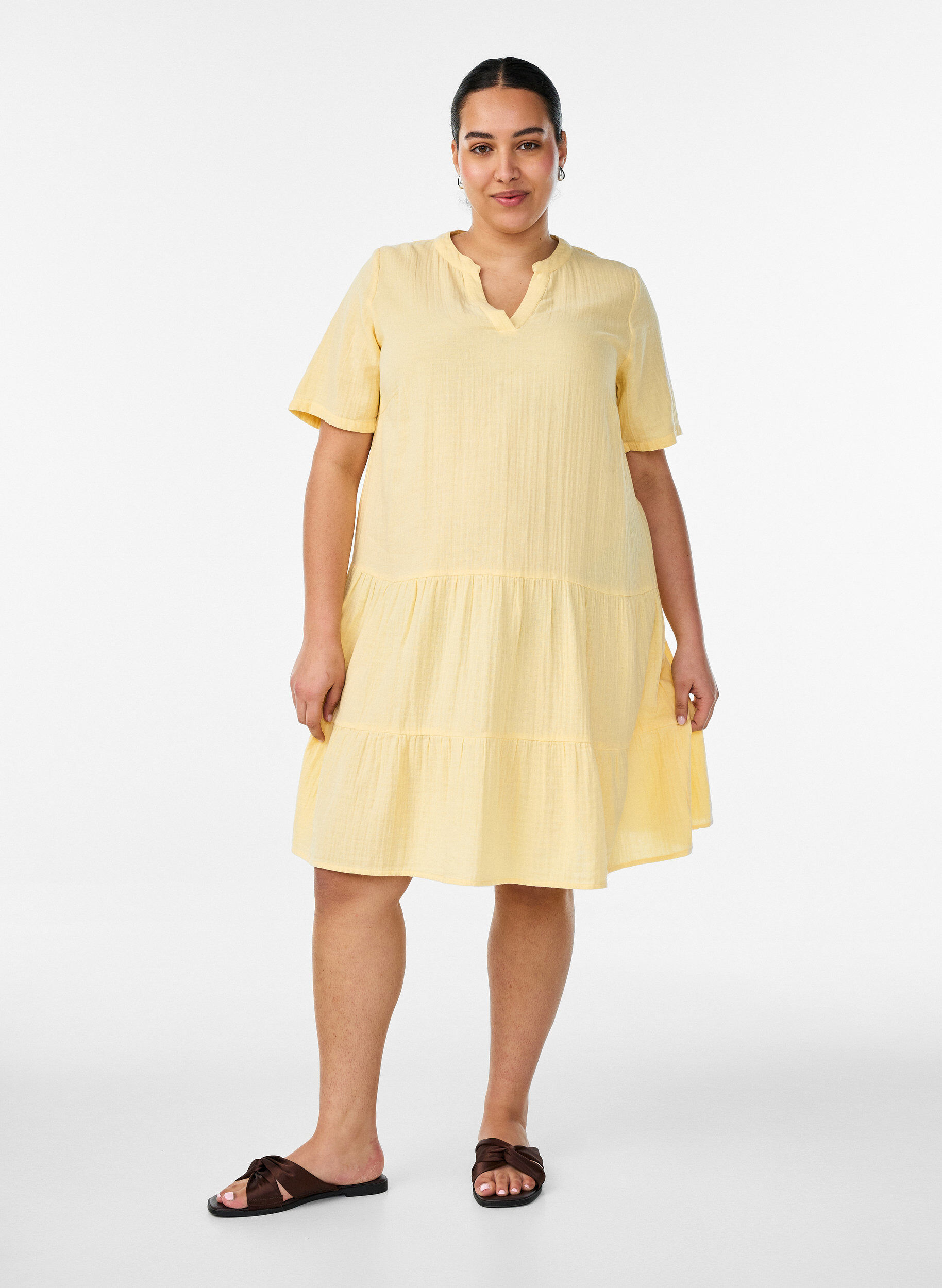 ZizziKort A-linjekjole i bomullsmuslin, Gul, Model image number 1