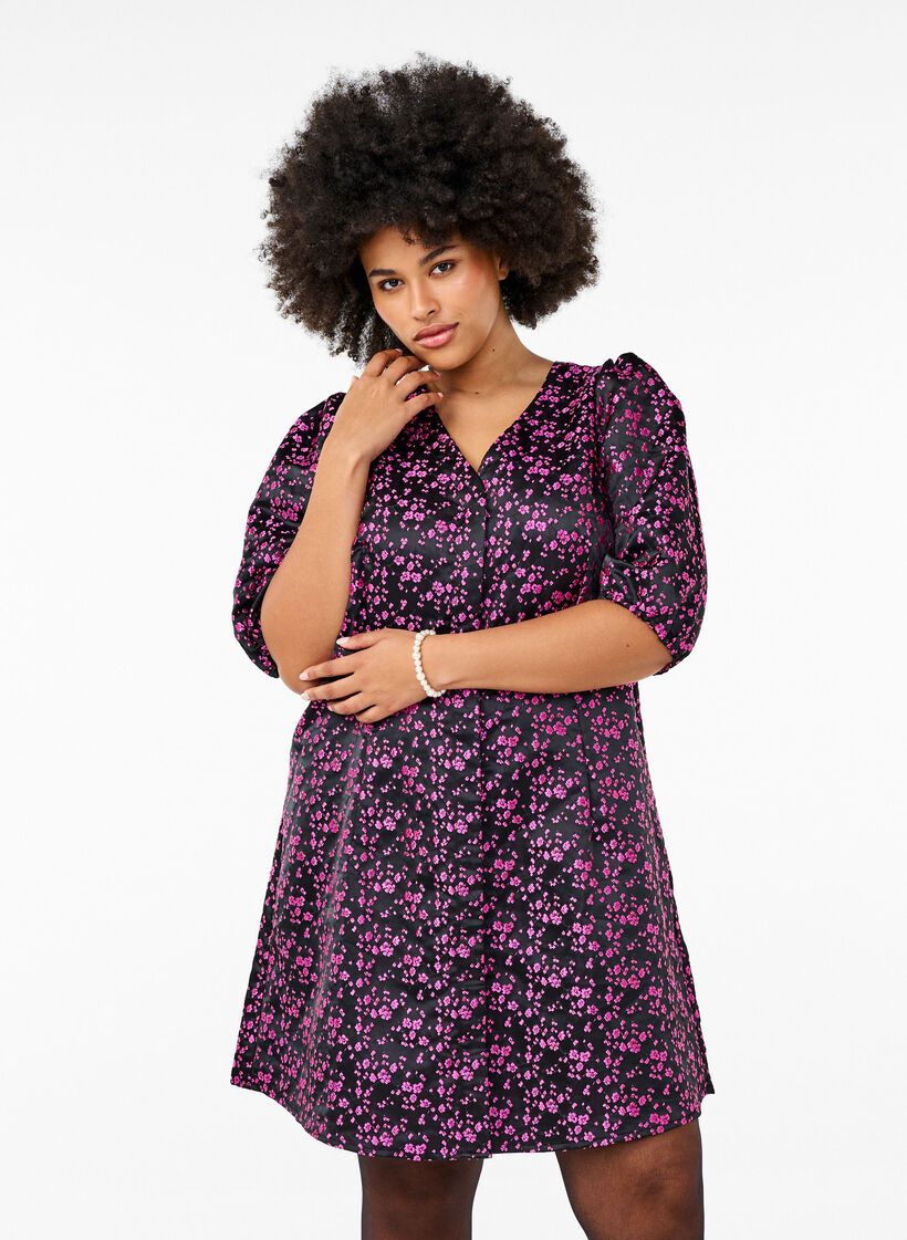 Knelang kjole med broderte blomster, Black Pink Flower, Model image number 0