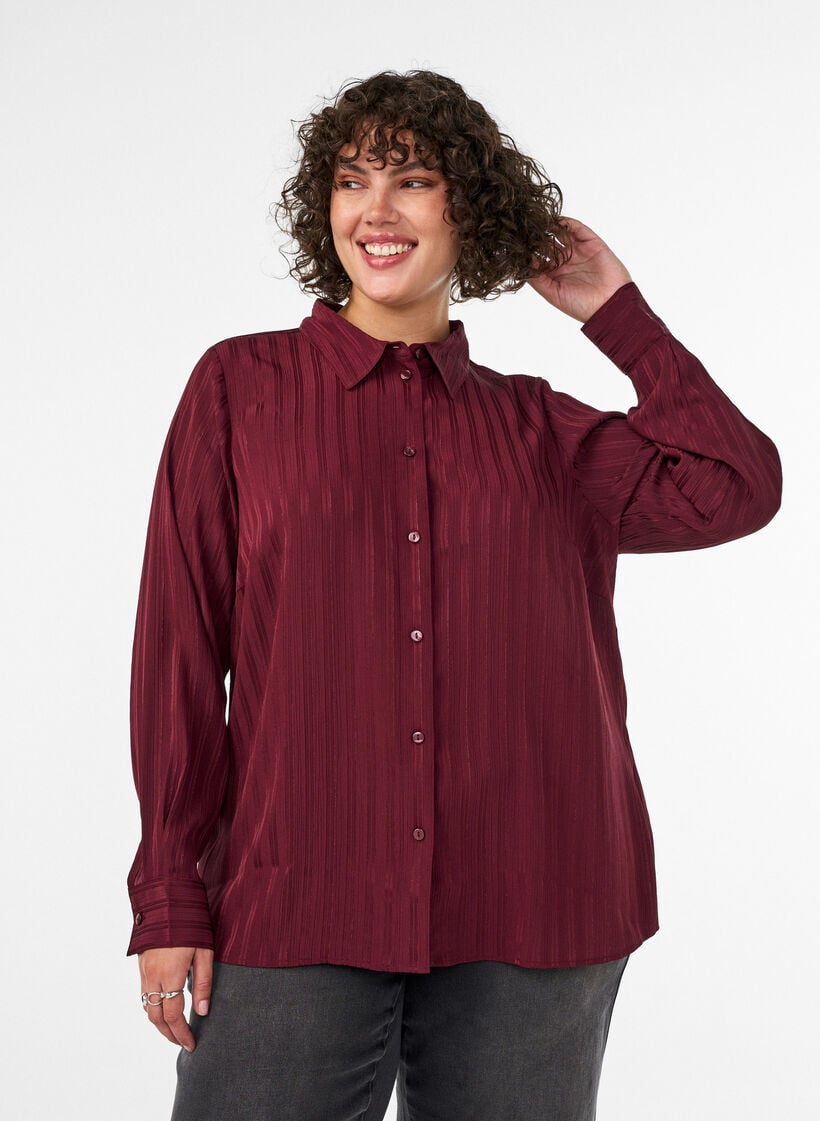Skjorte med teksturerte striper og glittertr&aring;der, R&oslash;d, Model image number 0
